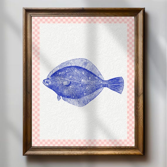 Vintage Fish Print Nautical Wall Art Coastal Kitchen Decor Blue Sea Life Illustration Mediterranean Fishing Poster Art