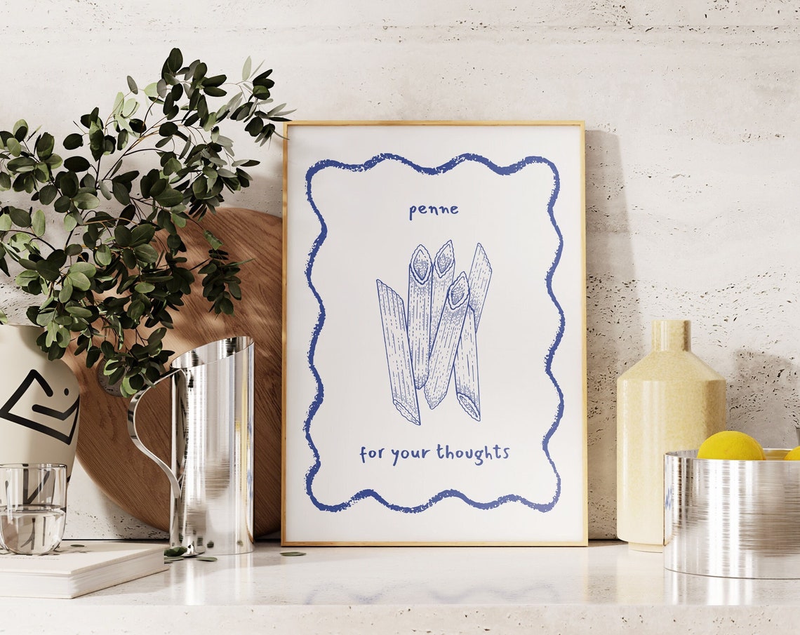 Penne For Your Thoughts Blue Ink Pasta Sketch Punny Kitchen Poster