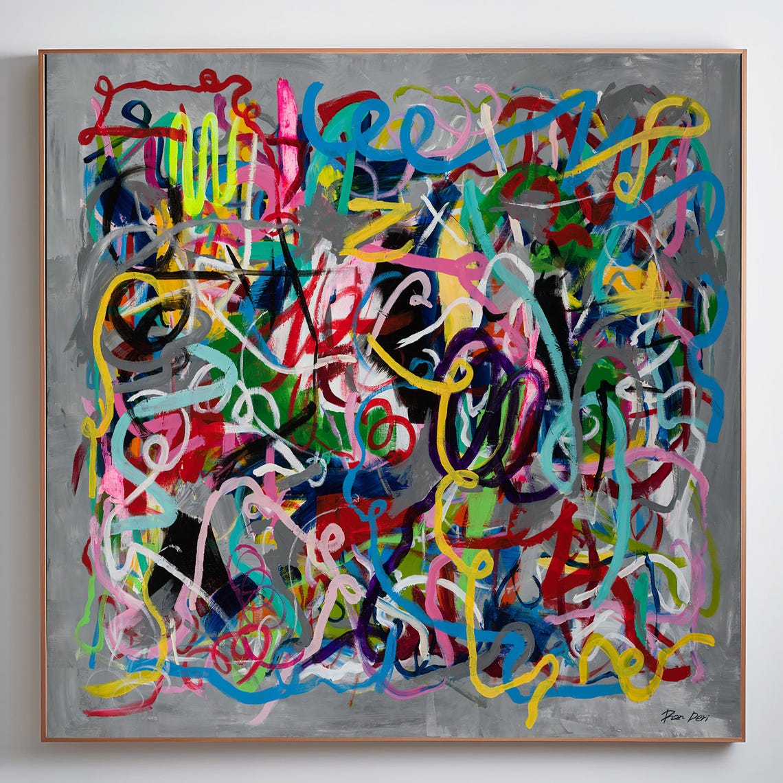 Neon Rainbow Scribbles on Gray Square Modern Abstract Poster - Image 5