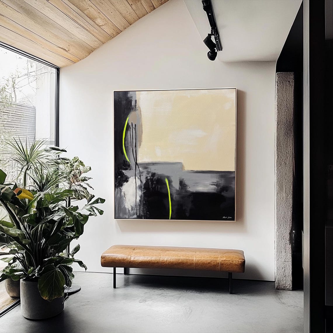 Black Beige and Gray Minimalist Abstract with Neon Green Art Poster - Image 3