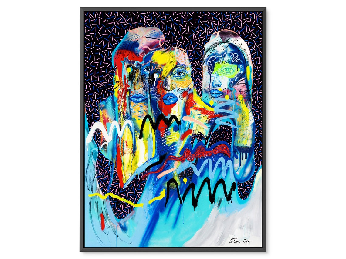 Three Colorful Pop Art Faces on Black Confetti Ground Poster
