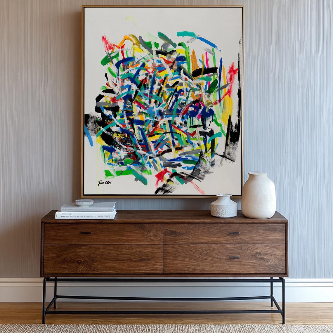 Chaotic Multicolor Brushstrokes on White Framed Abstract Art Poster