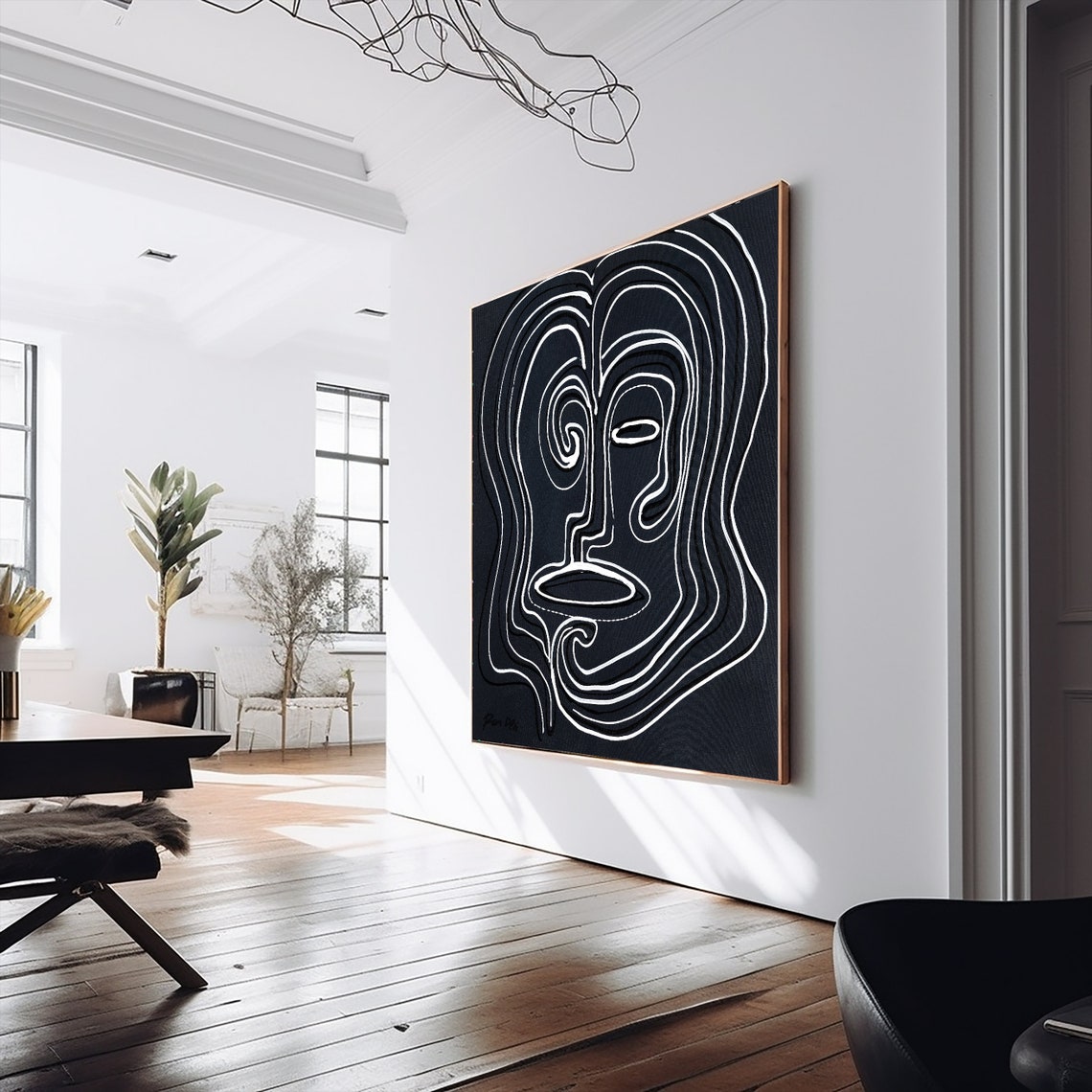 Framed White Line Face on Black Minimalist Modern Art Poster - Image 4