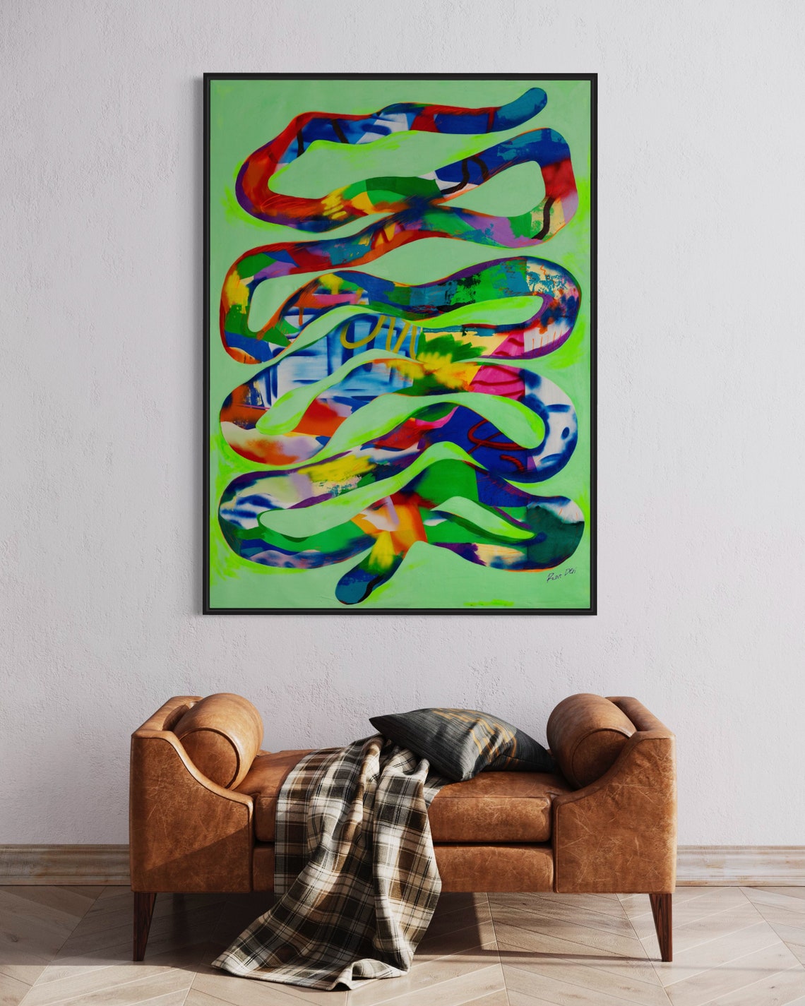 Neon Green Winding Ribbon Over Multicolor Streaks Abstract Poster - Image 5
