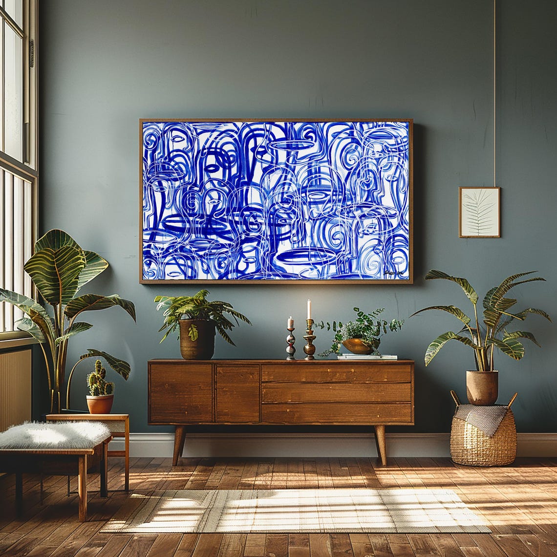 Reflections Unmasked Electric Blue Line Art Faces Abstract Poster - Image 2