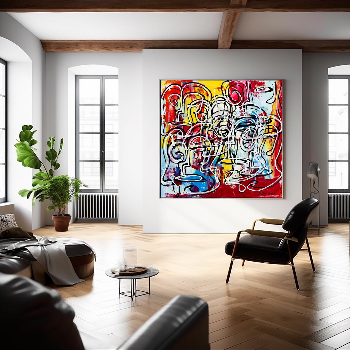 Red Yellow Tangled Face Lines Energetic Doodle Abstract Art Poster