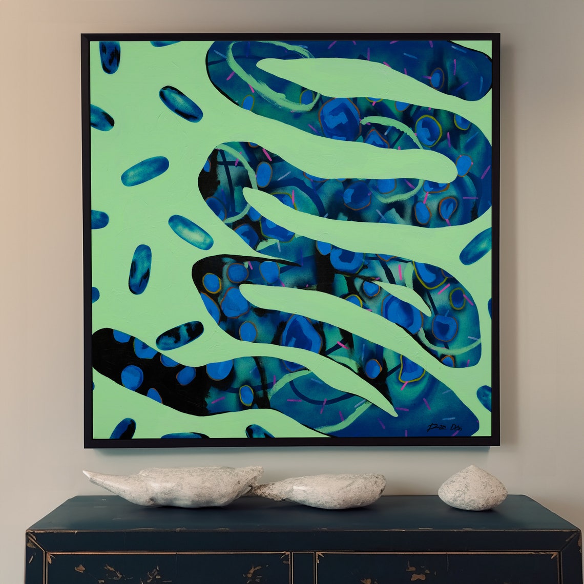 Neon Green Organic Shapes With Blue Ovals Bold Abstract Poster - Image 4