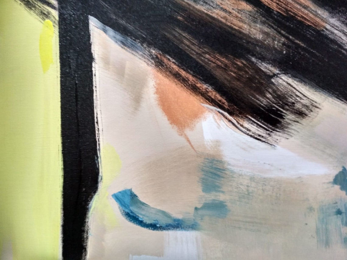 Tall Bold Yellow Black Expressive Brushstroke Abstract Wall Art - Image 3