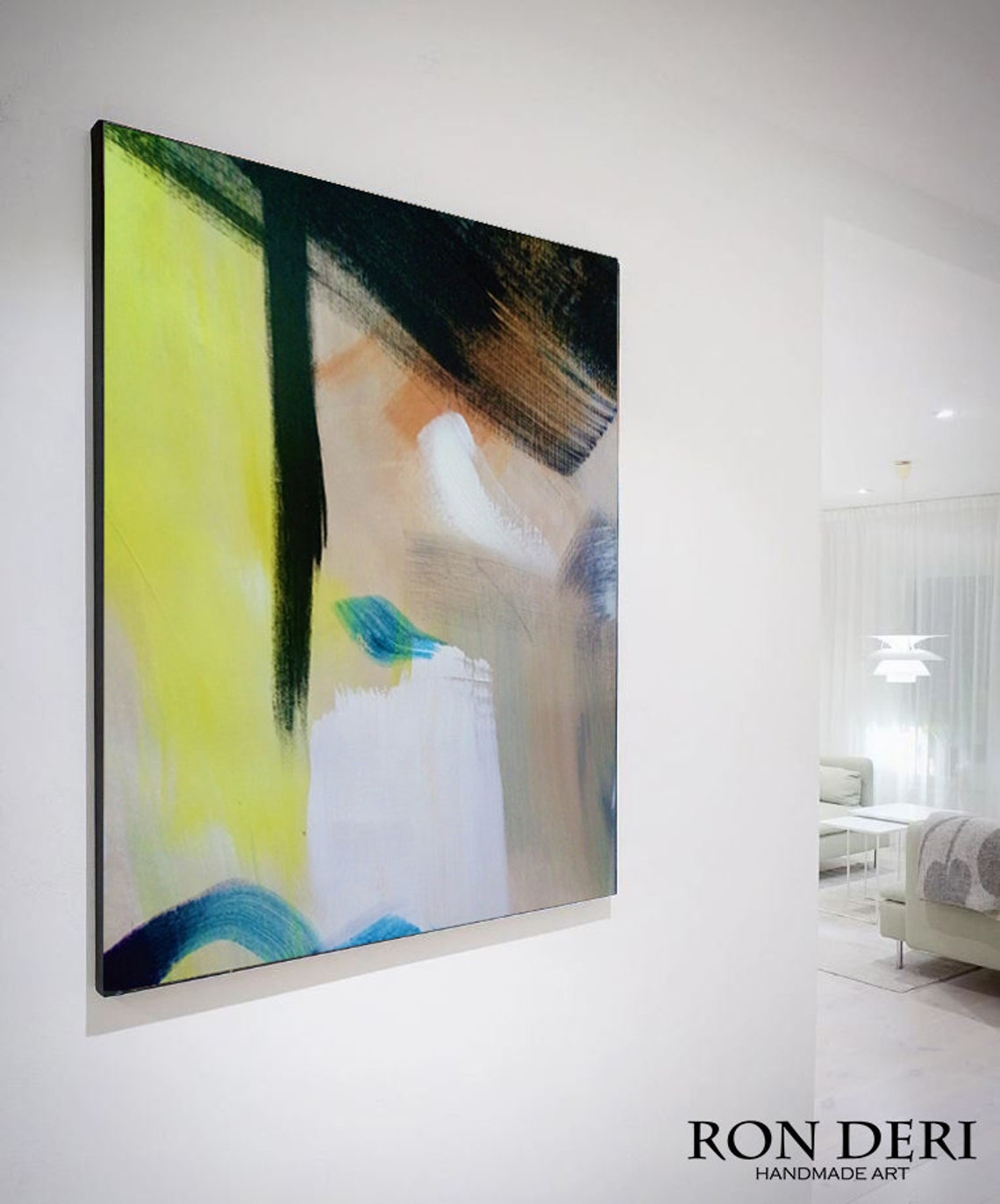 Tall Bold Yellow Black Expressive Brushstroke Abstract Wall Art - Image 4