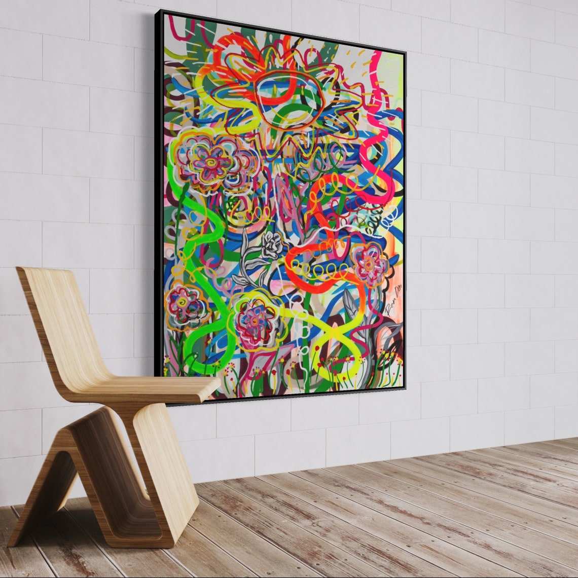 Embrace The Sun Neon Scribble Flower Garden Colorful Abstract Poster - Image 3