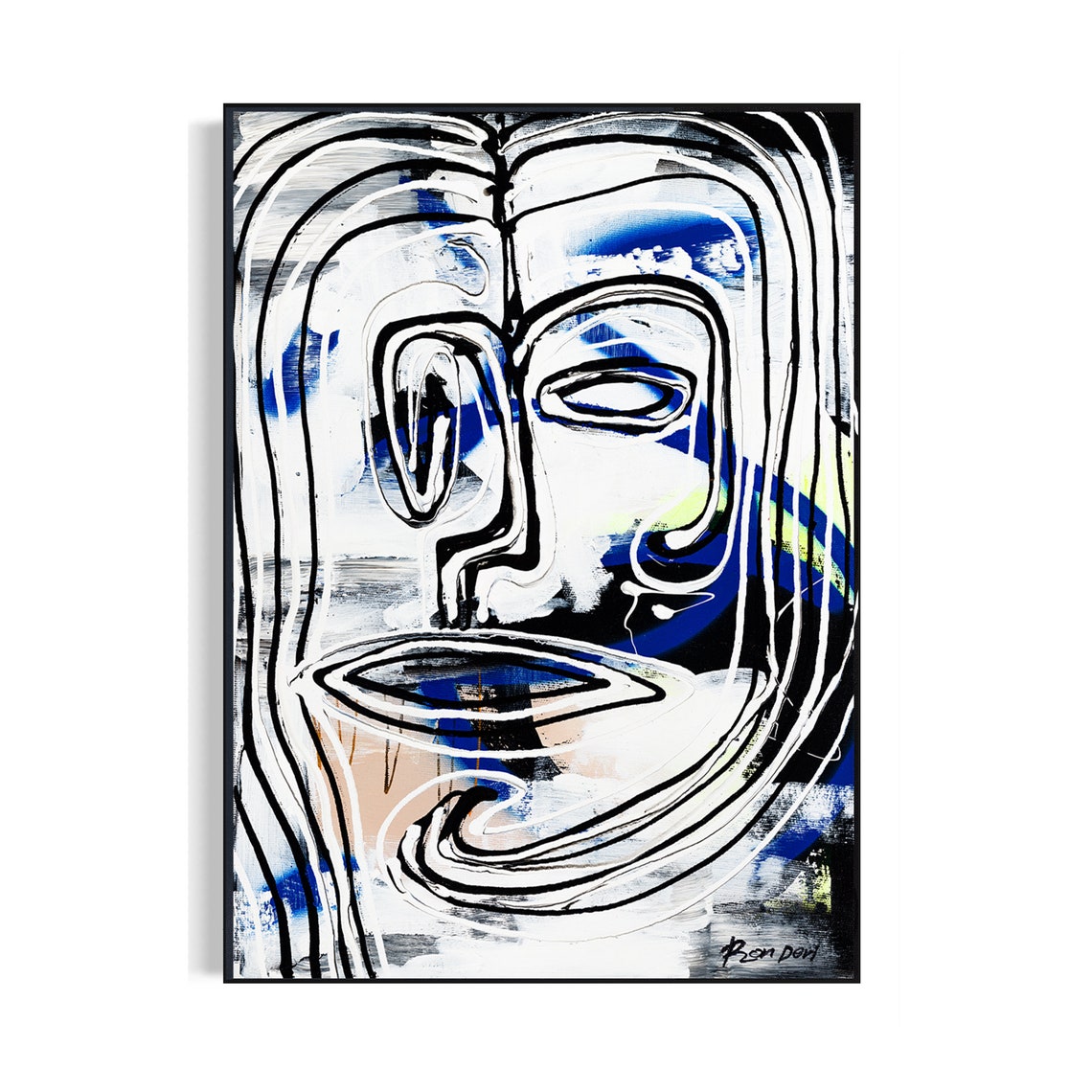 Ron Deri White Line Face over Blue and Black Abstract Art Poster