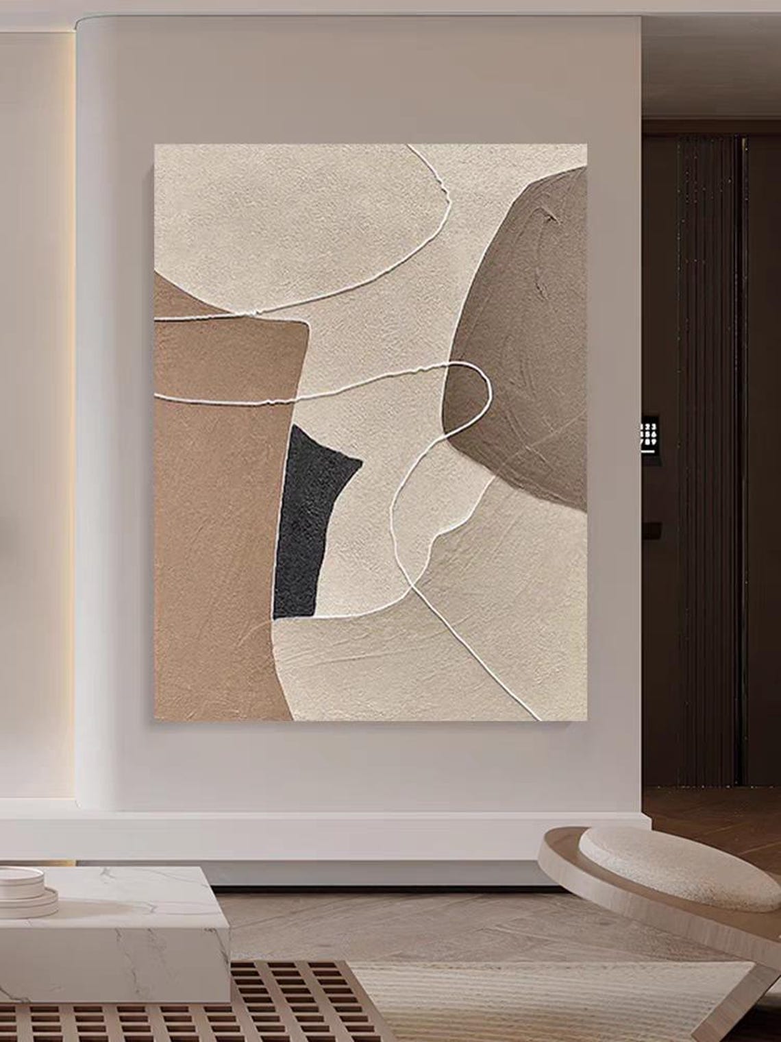 Beige White Brown Color Block Line Abstract 3D Texture Painting Poster - Image 2
