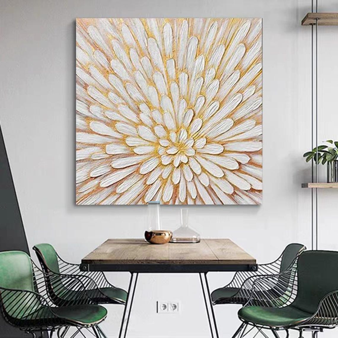 White Gold Radial Petals Flowerburst Square Textured Art Poster - Image 2