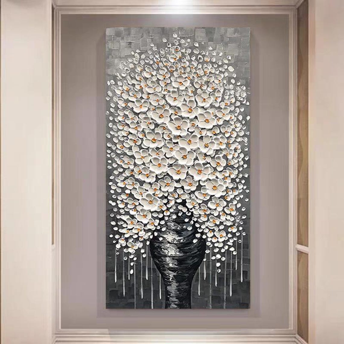 Black Vase with White Flowers Textured Abstract Floral Wall Art - Image 2