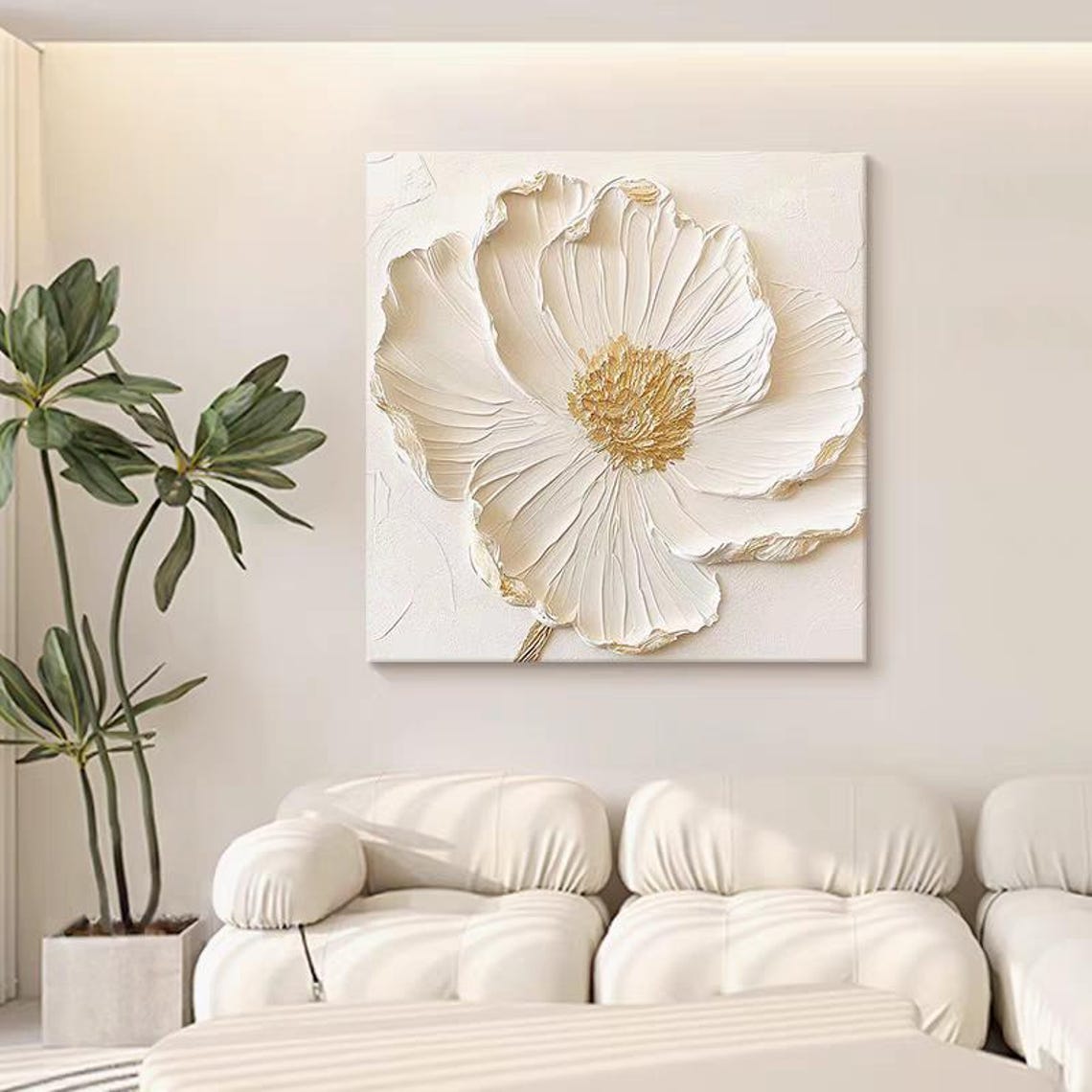 White Bloom With Gold Center 3D Impasto Floral Square Poster - Image 2