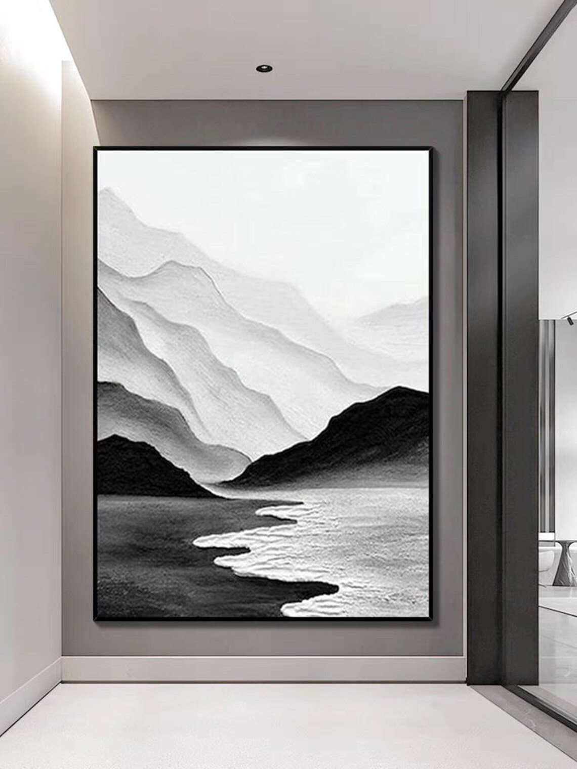 Layered Mountain Ridges Above Calm Lake Monochrome Landscape Poster - Image 3