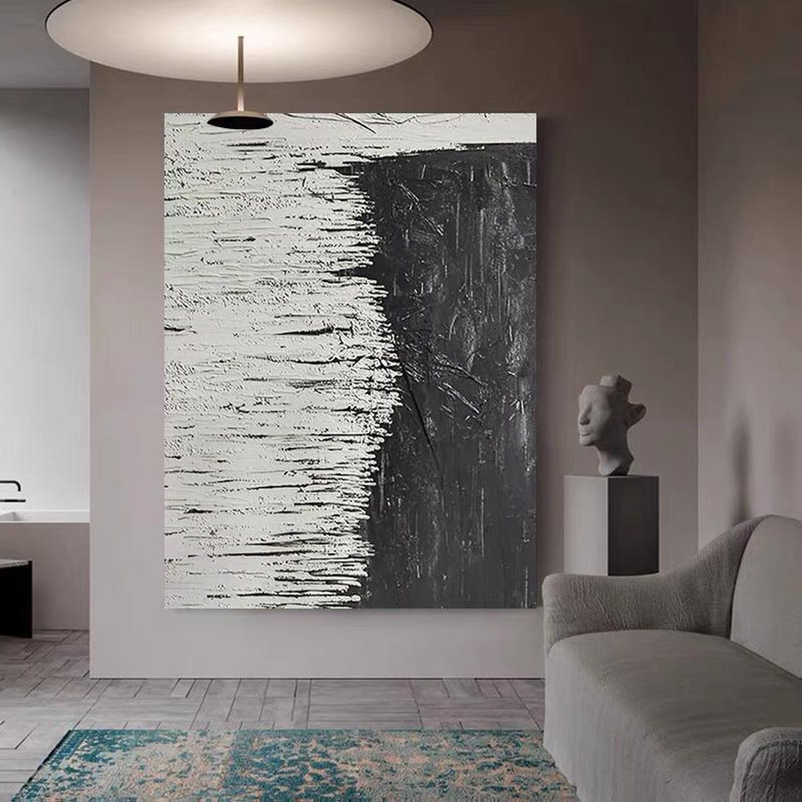 Black and White Split Half Textured Scratch Line Vertical Art Poster - Image 2