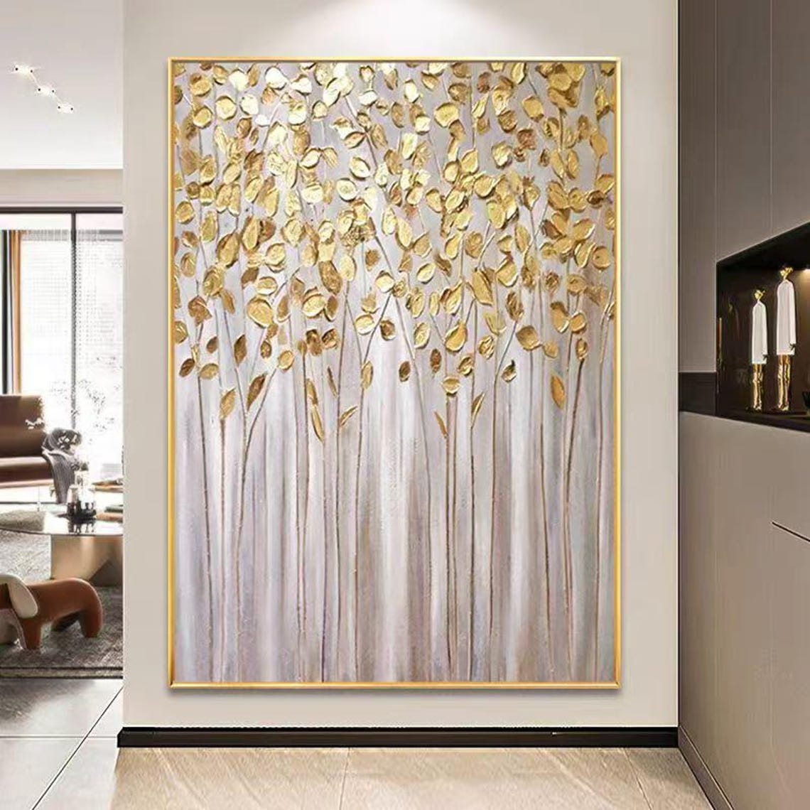Golden Leaf Branches on Pale Gray Textured Vertical Botanical Poster - Image 2