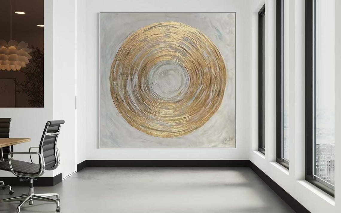 Gold Concentric Circle Swirl on Light Gray Square Abstract Poster - Image 2