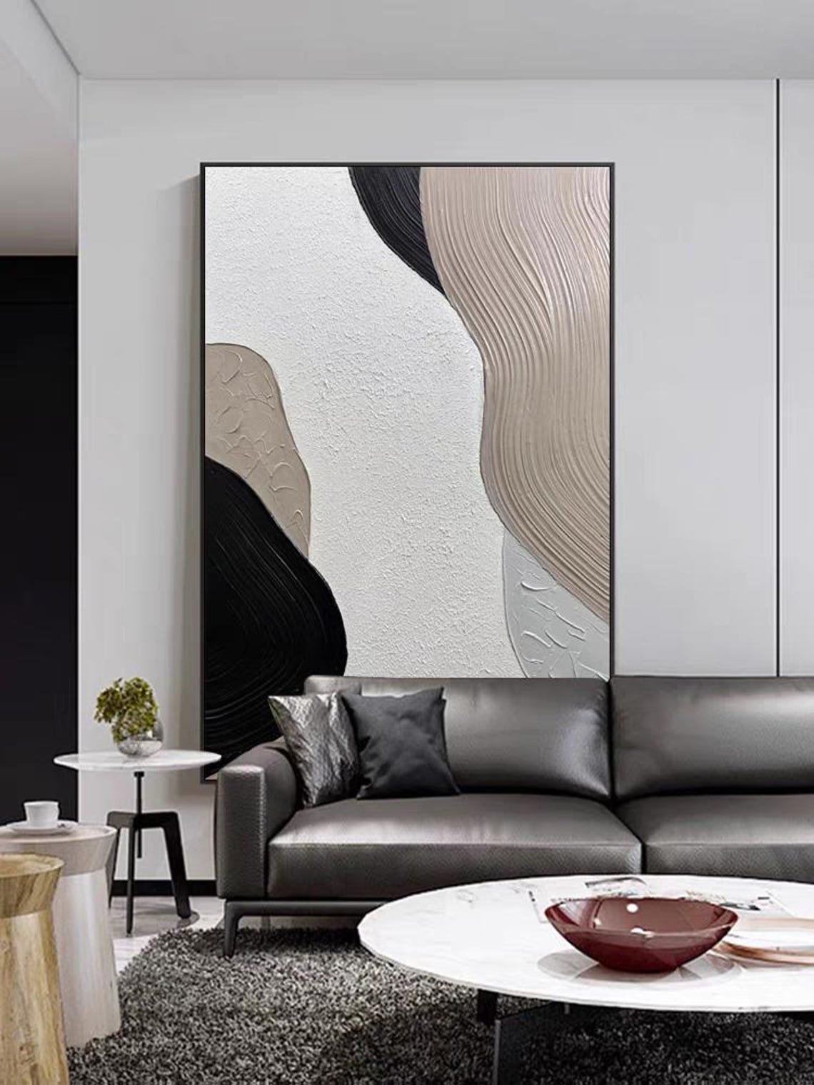 Black White Beige Curved Shapes Textured Abstract Vertical Wall Art - Image 2