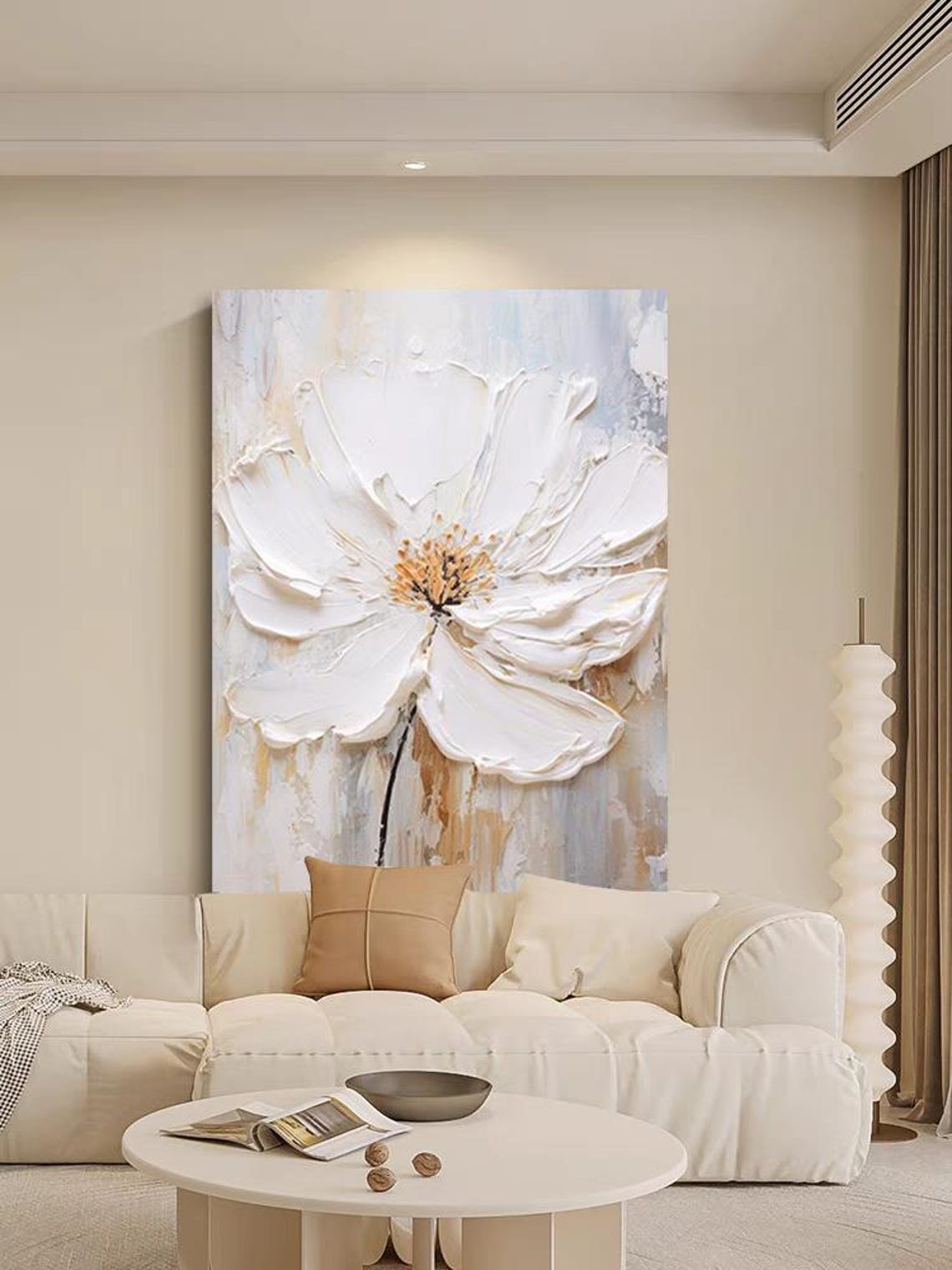 Large White Cosmos Bloom Thick Impasto Floral Acrylic Canvas Poster - Image 3