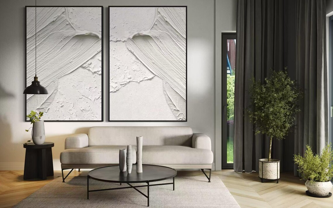 Extra Large 2pcs Wall Decor Abstract Heavy Textured Oil Painting Modern White Hand Painted Artwork Original Minimalist Acrylic Art - Image 2