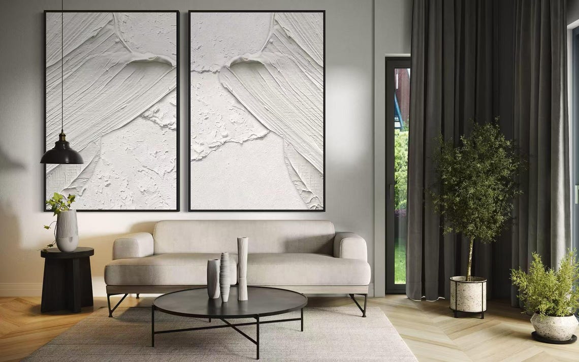 White Sweeping Diagonal Strokes Diptych Pair Textured Twin Poster - Image 2