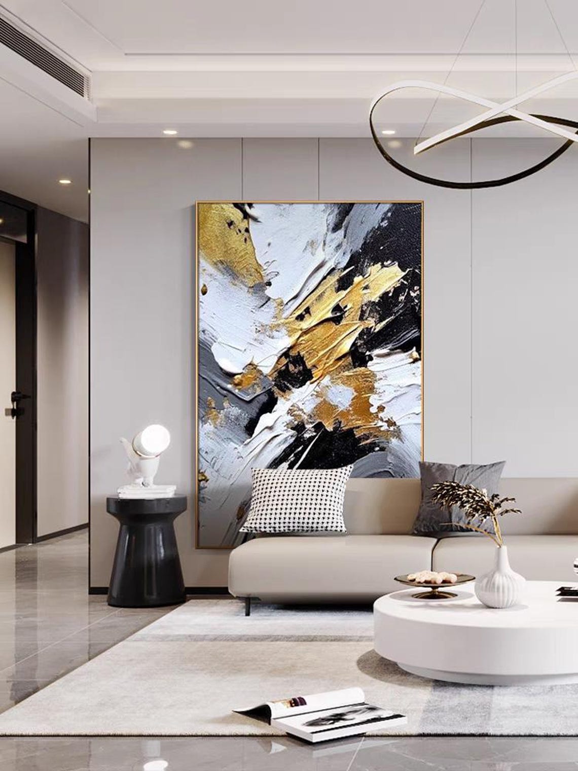 Gold Black White Abstract With Gold Leaf Textured Art Poster - Image 3