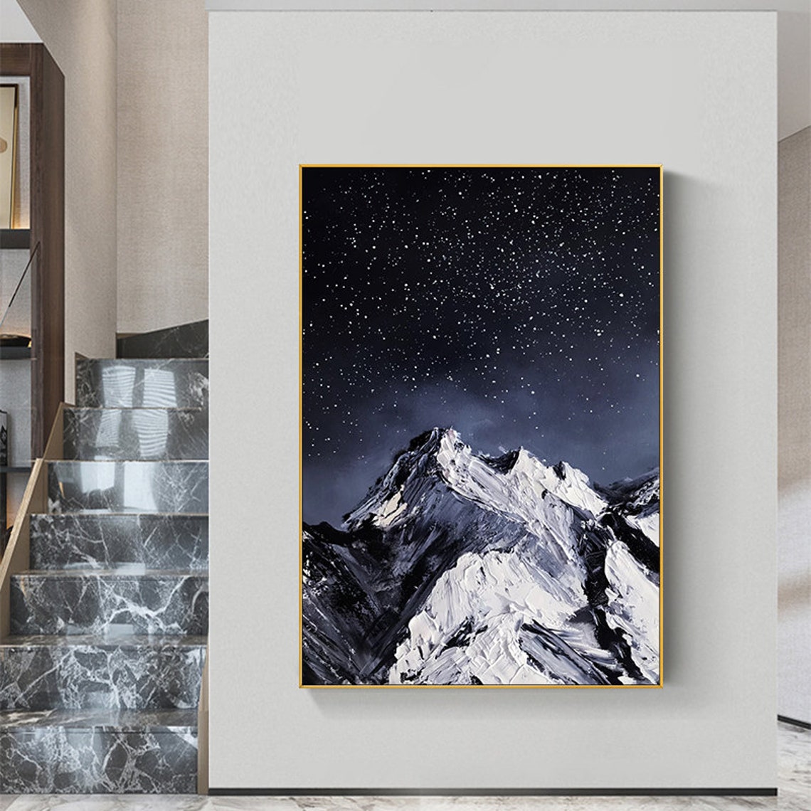 Snowy Mountains With Starry Night Acrylic Painting On Hand Painted Thick Texture Wall Decor Nighttime Winter Art Romantic Gift - Image 3