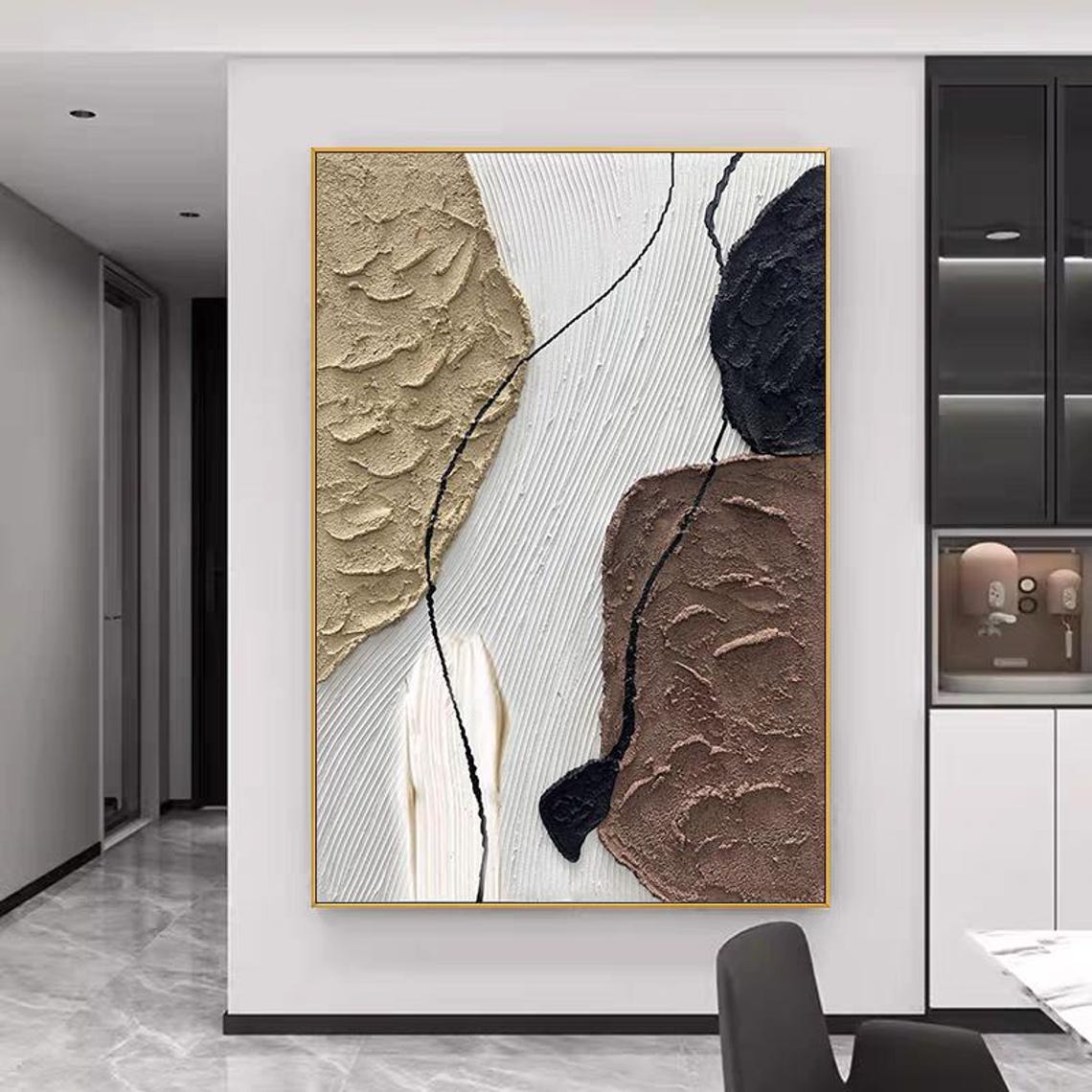3d Textured Abstract Hand Painted Artwork Modern Acrylic Painting For Home Decor Original Gold Brown Black With White Background Art - Image 3