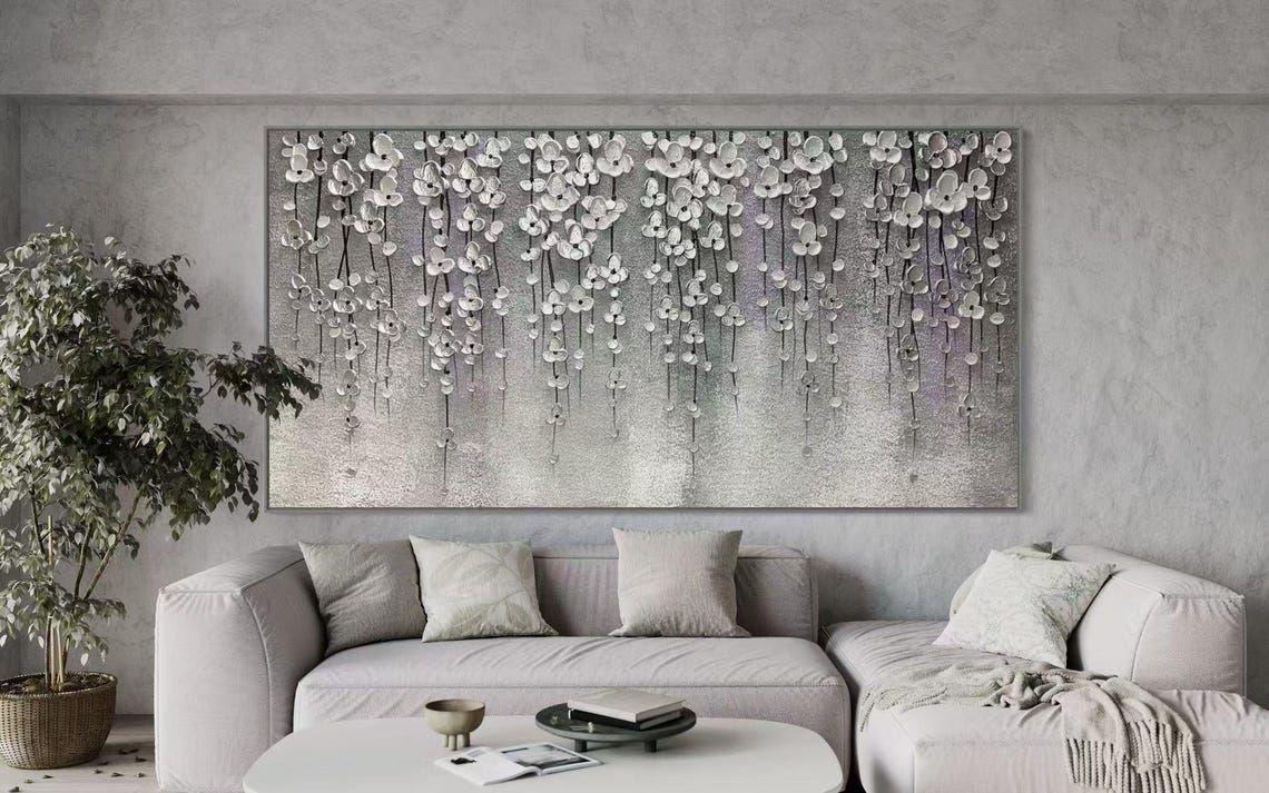 Dangling Silver Blossoms on Dark Strands Shimmering Floral Poster - Image 3