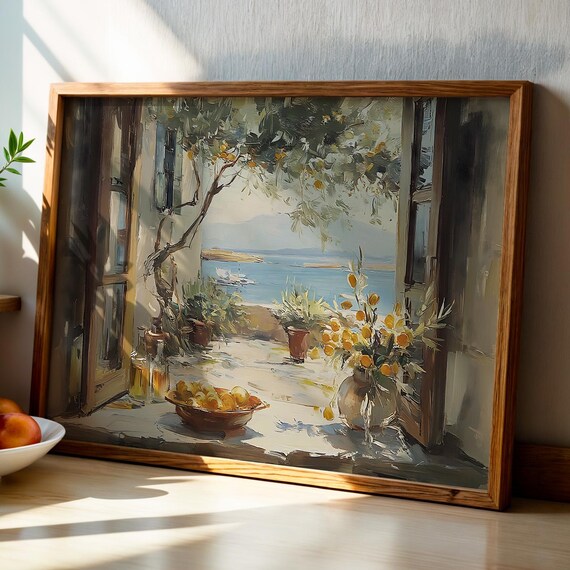 Mediterranean Lemon Terrace Art Print, Coastal Kitchen