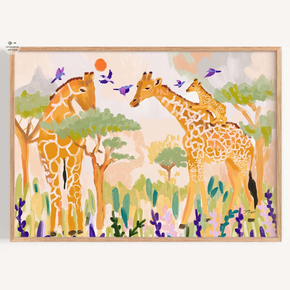 Giraffe Family Art Print, Whimsical African Savannah