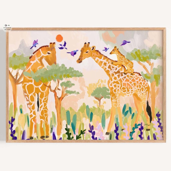 Giraffe Family Art Print, Whimsical African Savannah