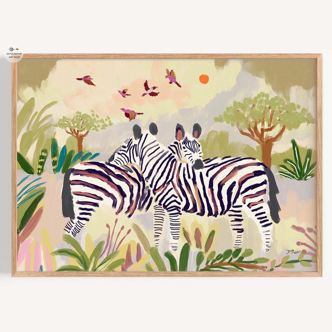 Zebra Pair African Savannah Sunset Wildlife Painting Art Print