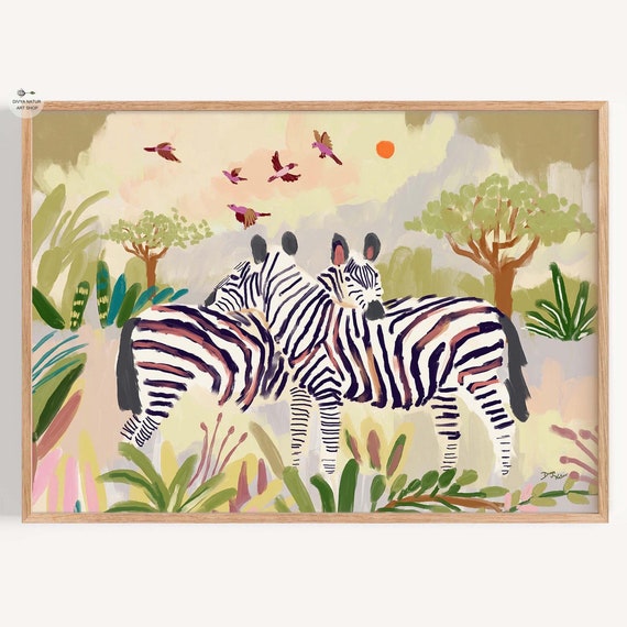 Zebra Pair Art Print African Savannah Landscape Wildlife Wall