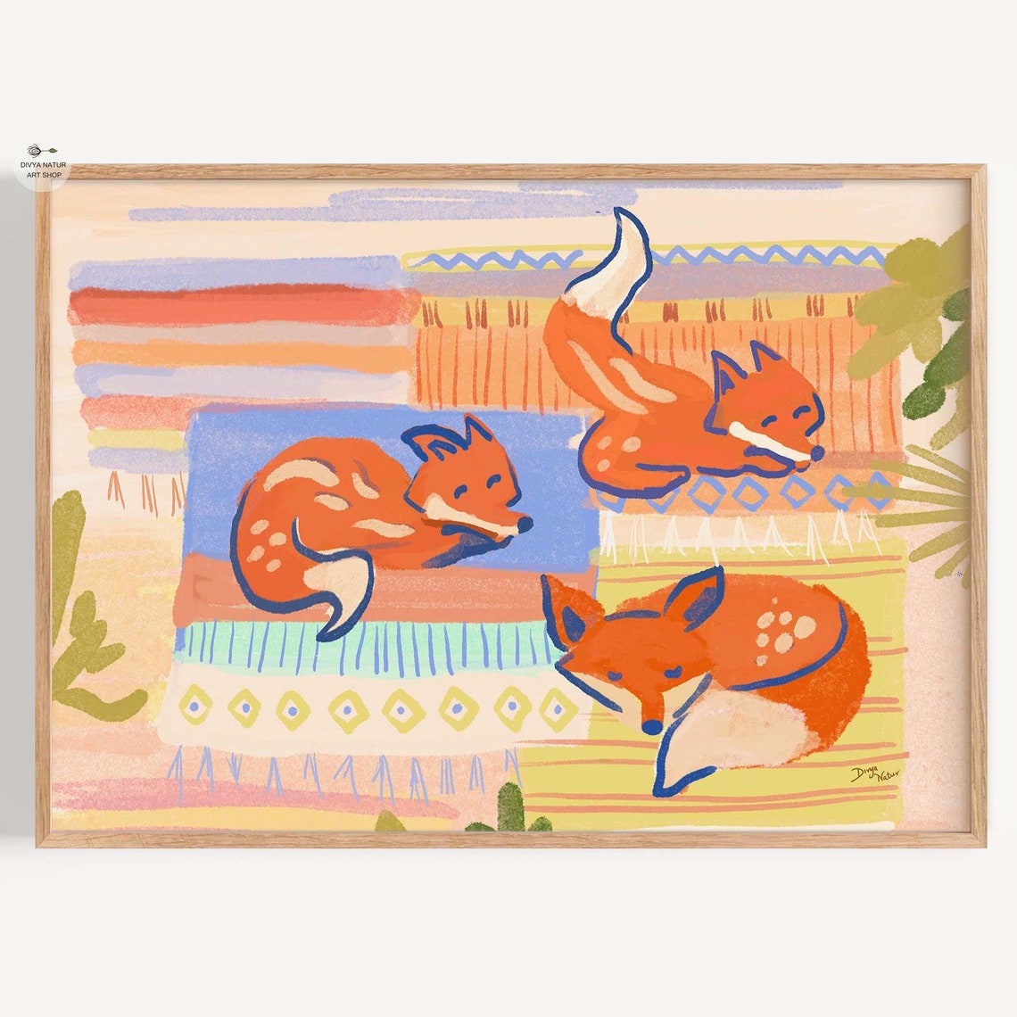 Three Sleeping Foxes on Patterned Boho Blankets Nursery Art Print