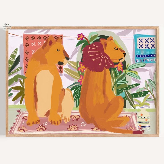 Lion And Lioness Art Print Bohemian Animal Wall Decor