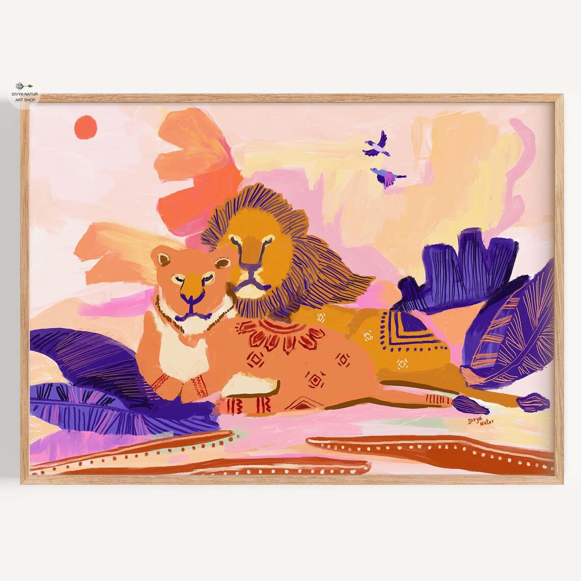 Lion and Lioness Resting Together Dreamy Bohemian Wildlife Painting Poster
