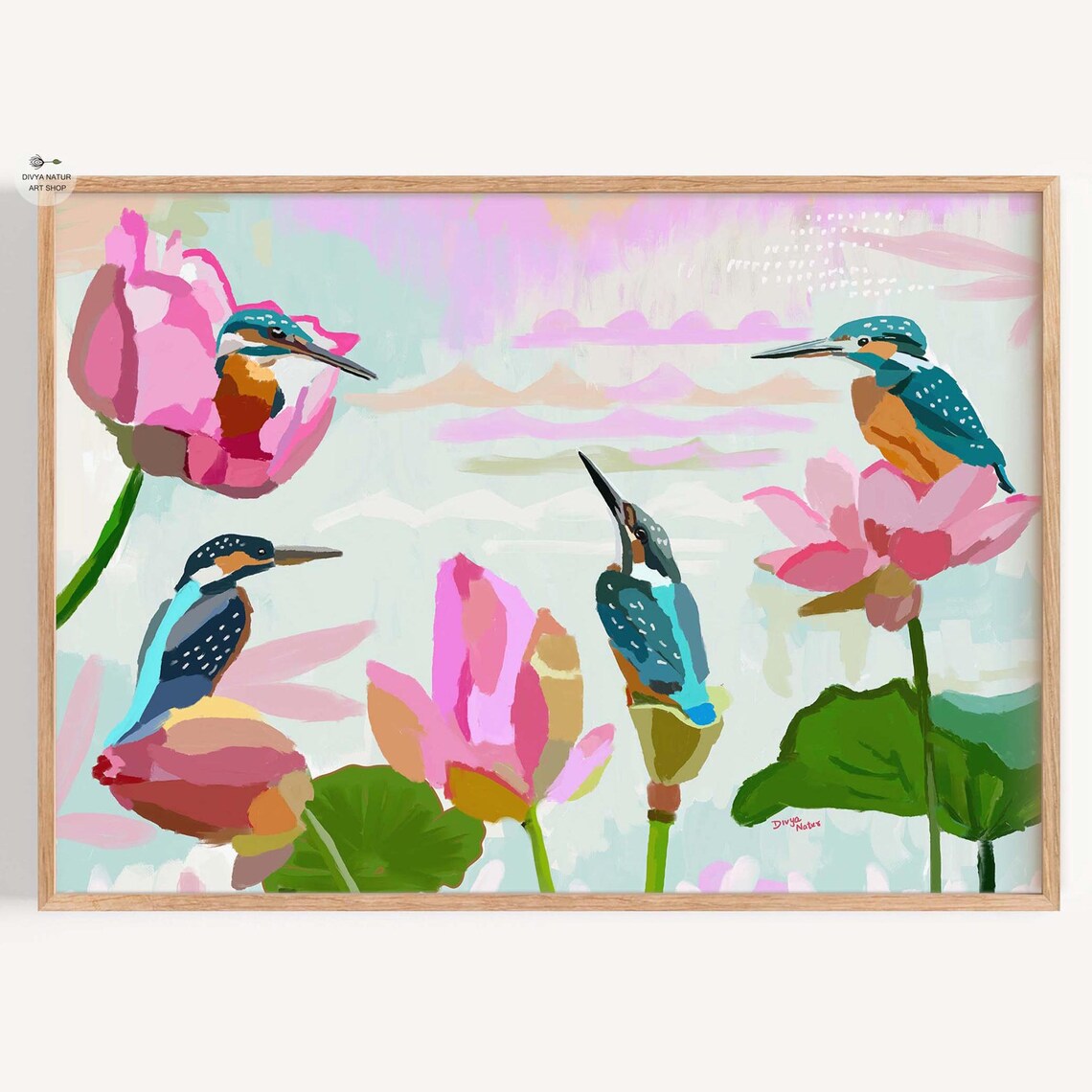 Kingfisher Birds Among Pink Lotus Flowers Pastel Wildlife Art Print