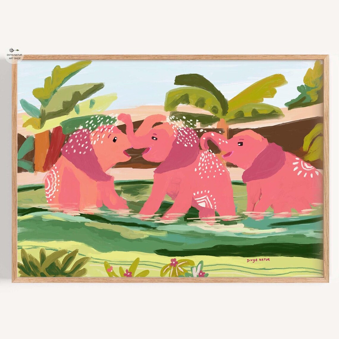 Three Pink Elephants Playing in Water Tropical Jungle Kids Art Poster