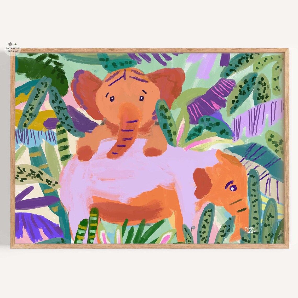 Two Baby Elephants in Tropical Jungle Playful Kids Wildlife Art Poster