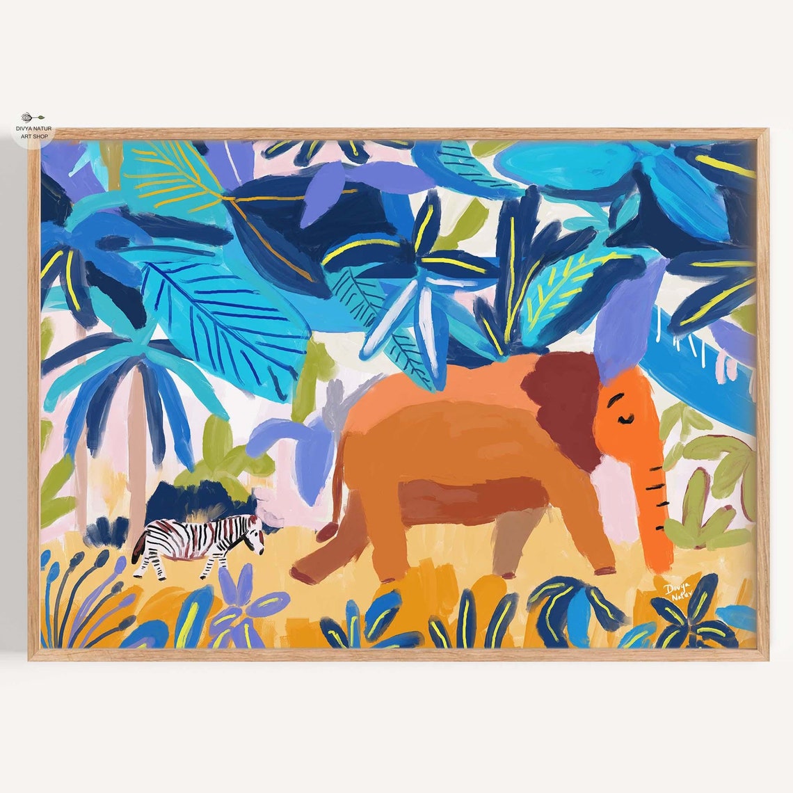 Orange Elephant and Zebra in Vibrant Boho Jungle Foliage Art Print