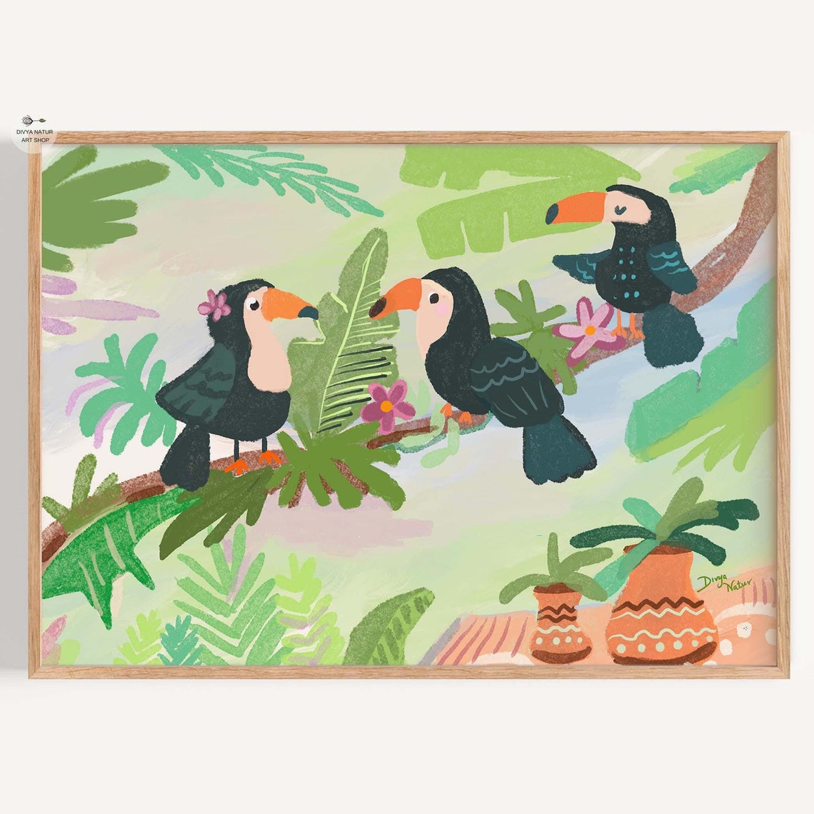 Three Cheerful Toucans Among Tropical Leaves Playful Bird Art Print