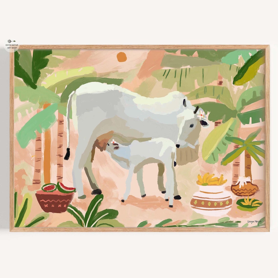 White Cow With Calf Pichwai Style Tropical Farmhouse Decor Art Poster
