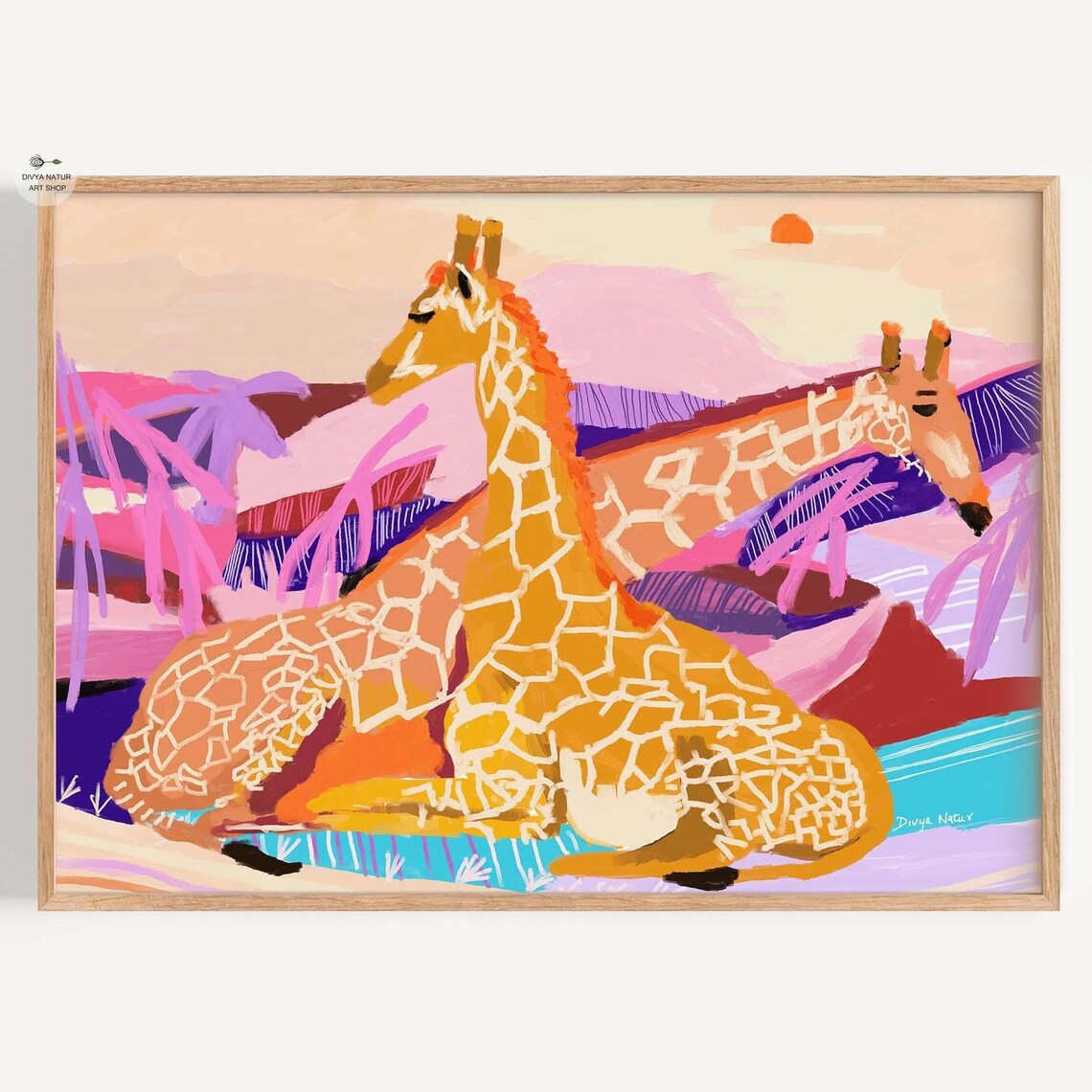 Two Giraffes Resting in Pink Desert Sunset Bohemian Wildlife Art Poster