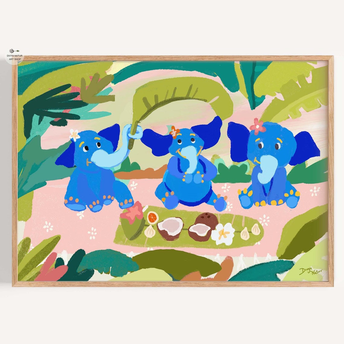 Sweet Three Blue Baby Elephants Tropical Picnic Nursery Art Print