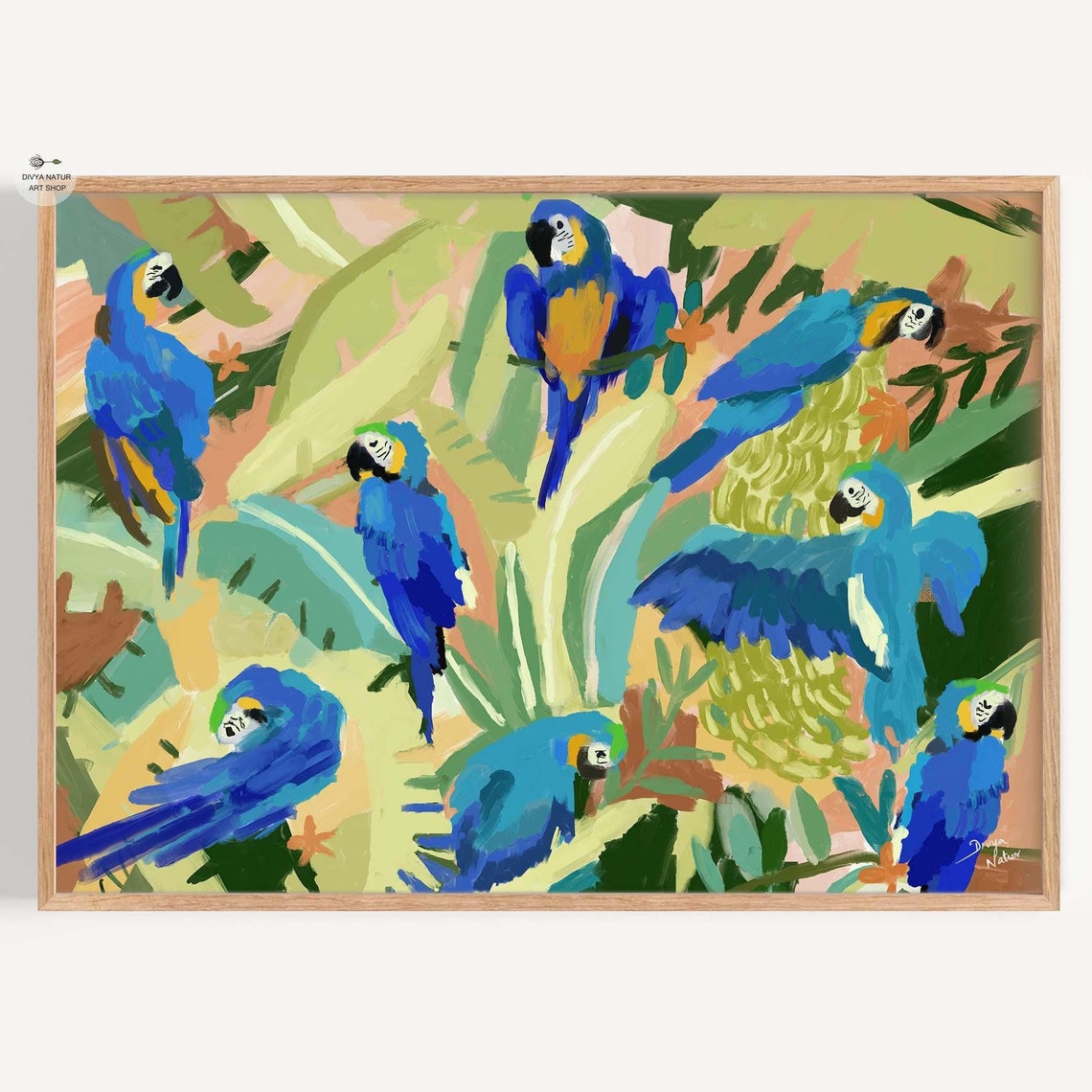 Seven Vibrant Blue Macaws Tropical Foliage Colorful Bird Art Print