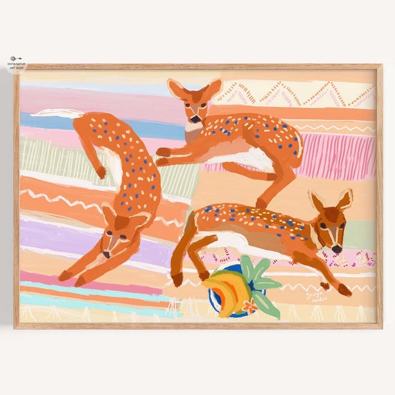 Colorful Deer Art Print Playful In Vibrant Landscape