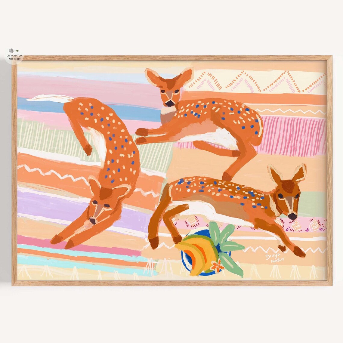 Three Playful Fawns Leaping Colorful Patterned Wildlife Painting Poster